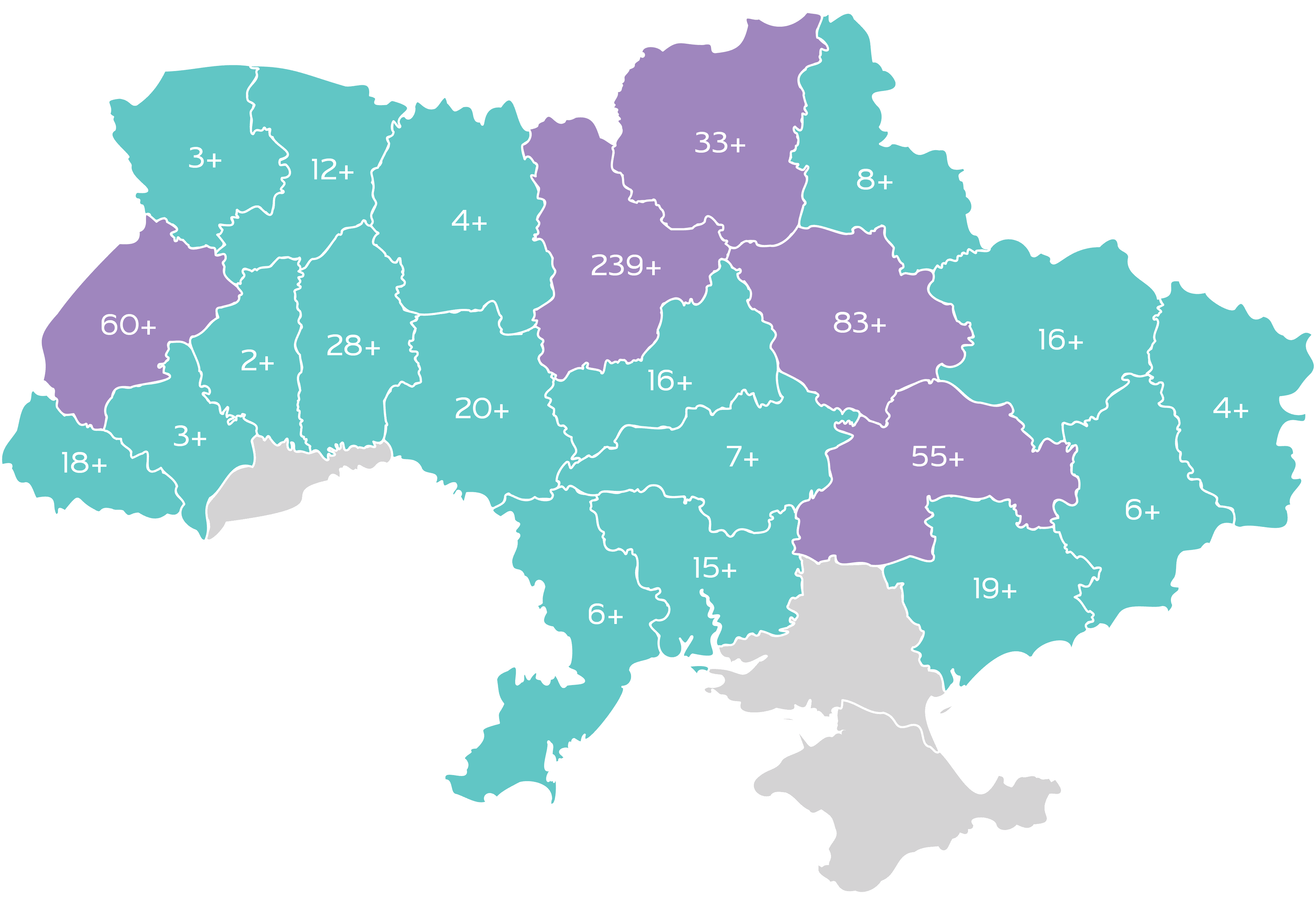 Карта Украины с количеством установленных приборов компанией в каждом регионе